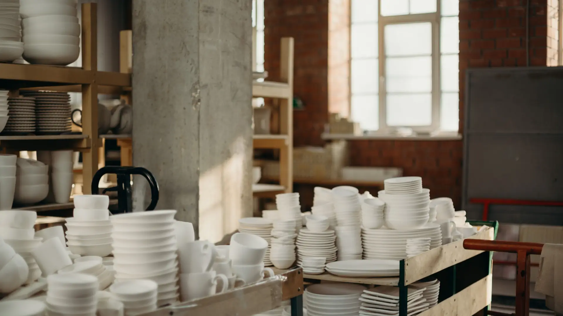 Handcrafted ceramic bowls in a rustic workshop