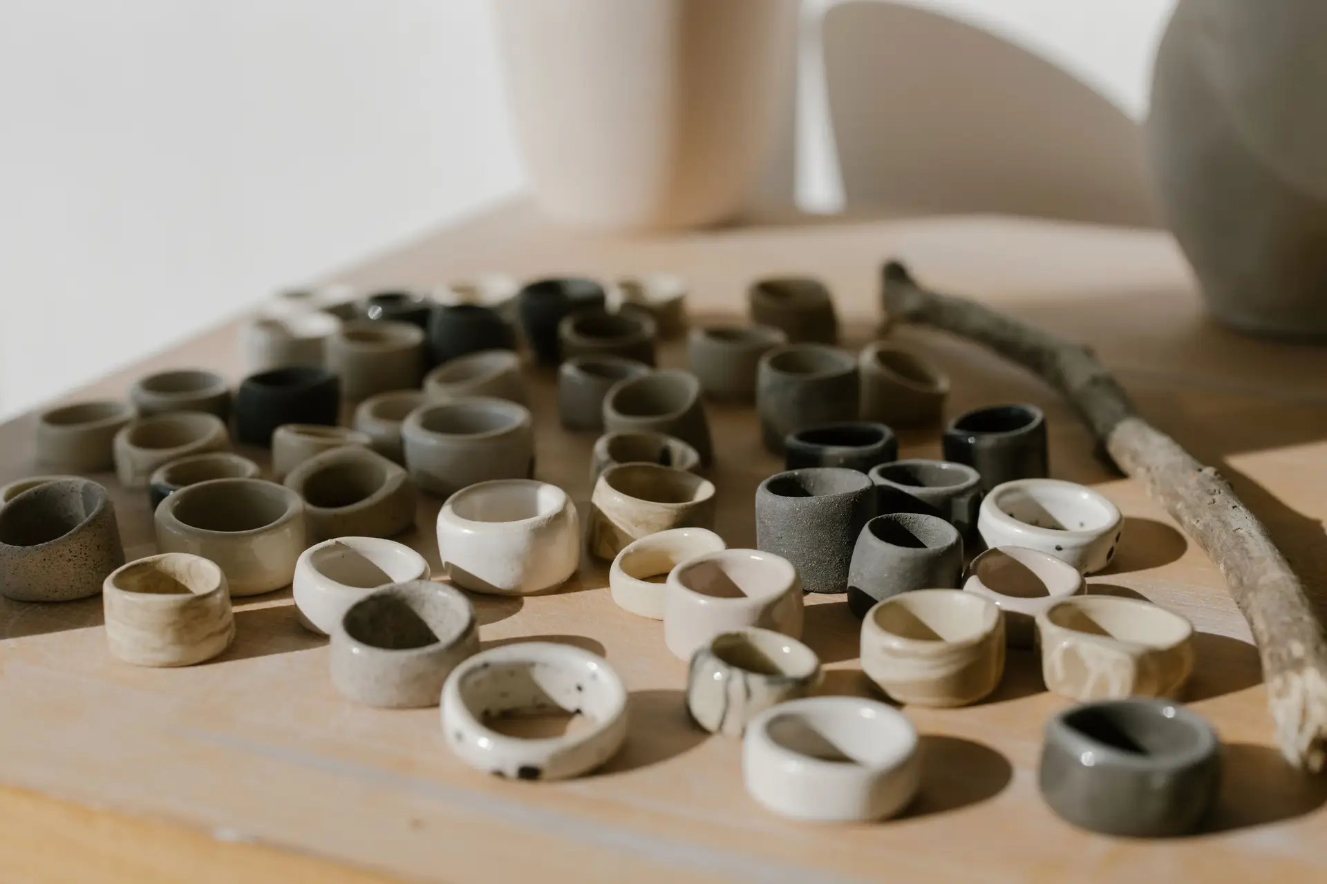 Artisan ceramic rings in neutral shades